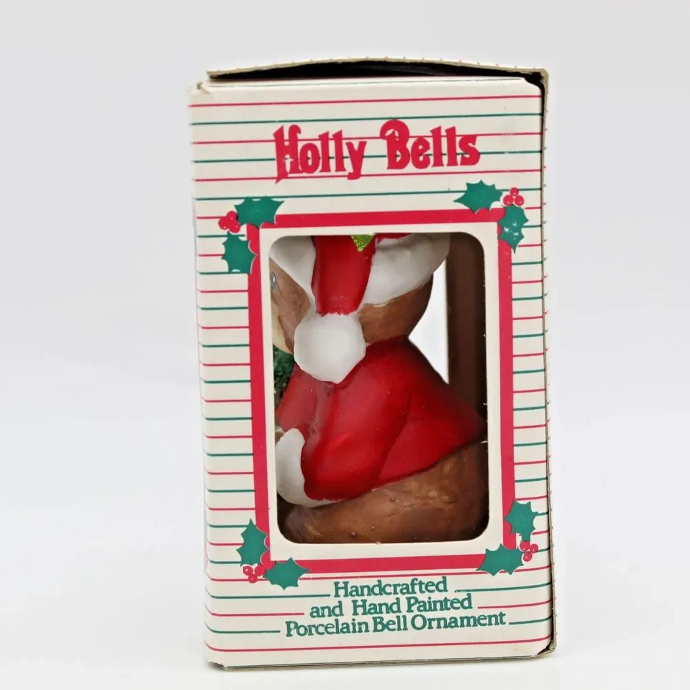 Holly Bells Porcelain Teddy Bear Bell Ornament Vintage 1986 Original Box b